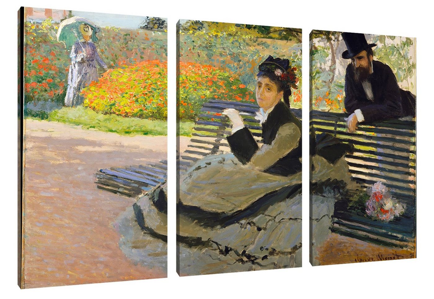 Pixxprint Leinwandbild Claude Monet - Camille Monet auf einer Gartenbank, Claude Monet - Camille Monet auf einer Gartenbank 3Teiler (120x80) (1 St), Leinwandbild fertig bespannt, inkl. Zackenaufhänger von Pixxprint