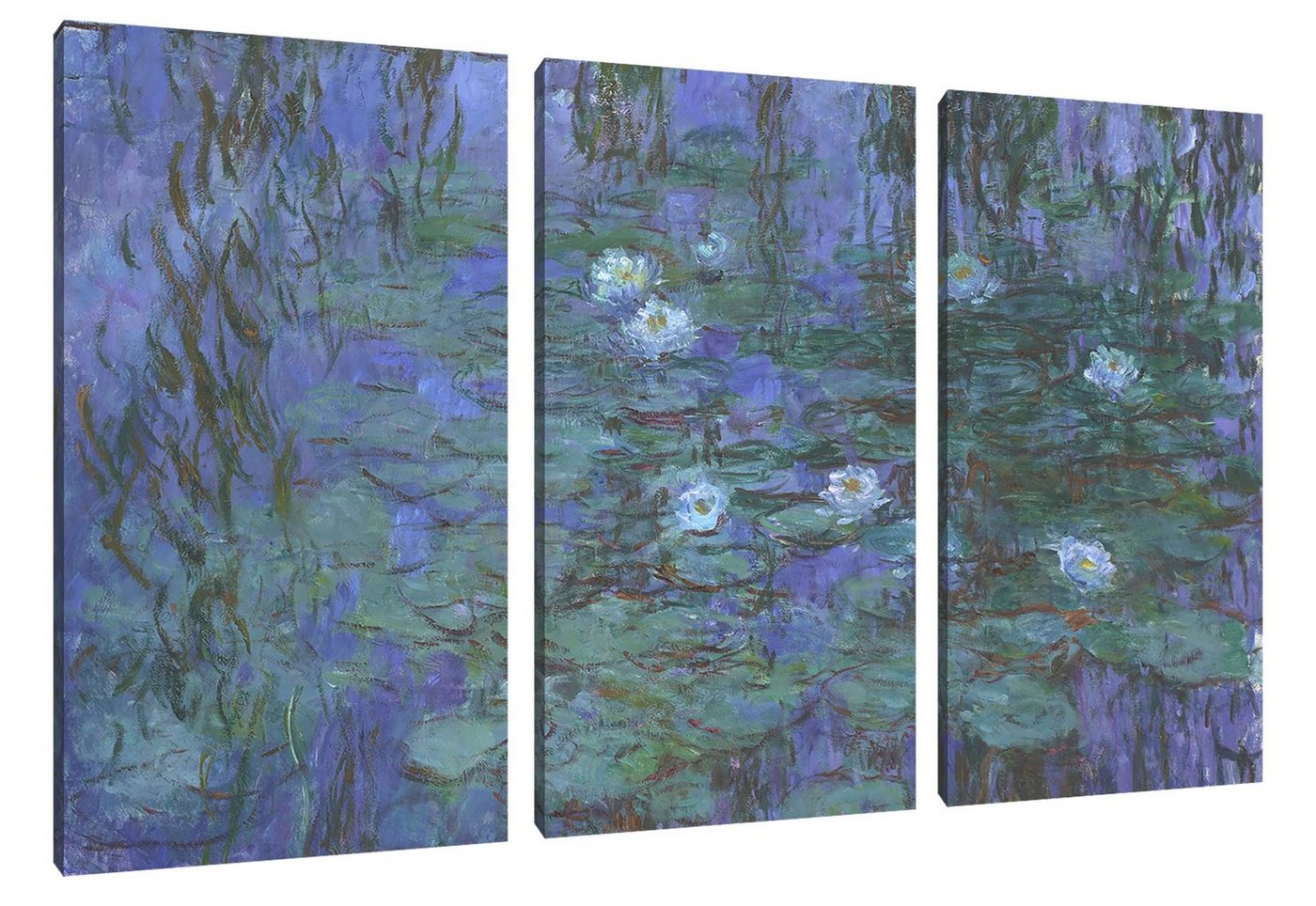 Pixxprint Leinwandbild Claude Monet - Seerosen auf blaues Wasser, Claude Monet - Seerosen auf blaues Wasser 3Teiler (120x80) (1 St), Leinwandbild fertig bespannt, inkl. Zackenaufhänger von Pixxprint