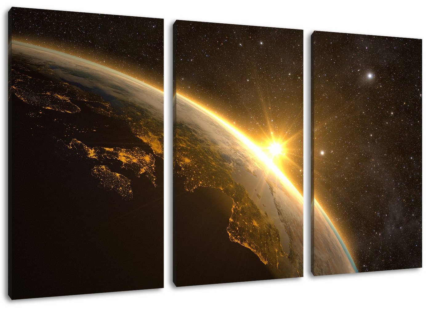 Pixxprint Leinwandbild Die Sonne und Erde im Weltall, Die Sonne und Erde im Weltall 3Teiler (120x80cm) (1 St), Leinwandbild fertig bespannt, inkl. Zackenaufhänger von Pixxprint