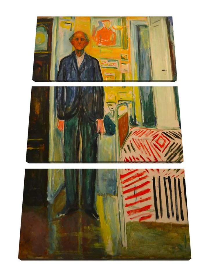 Pixxprint Leinwandbild Edvard Munch - Selbstbildnis zwischen Uhr und Bett, Edvard Munch - Selbstbildnis zwischen Uhr und Bett 3Teiler (120x80) (1 St), Leinwandbild fertig bespannt, inkl. Zackenaufhänger von Pixxprint