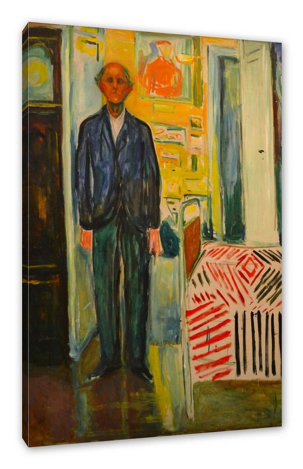 Pixxprint Leinwandbild Edvard Munch - Selbstbildnis zwischen Uhr und Bett, Edvard Munch - Selbstbildnis zwischen Uhr und Bett (1 St), Leinwandbild fertig bespannt, inkl. Zackenaufhänger von Pixxprint
