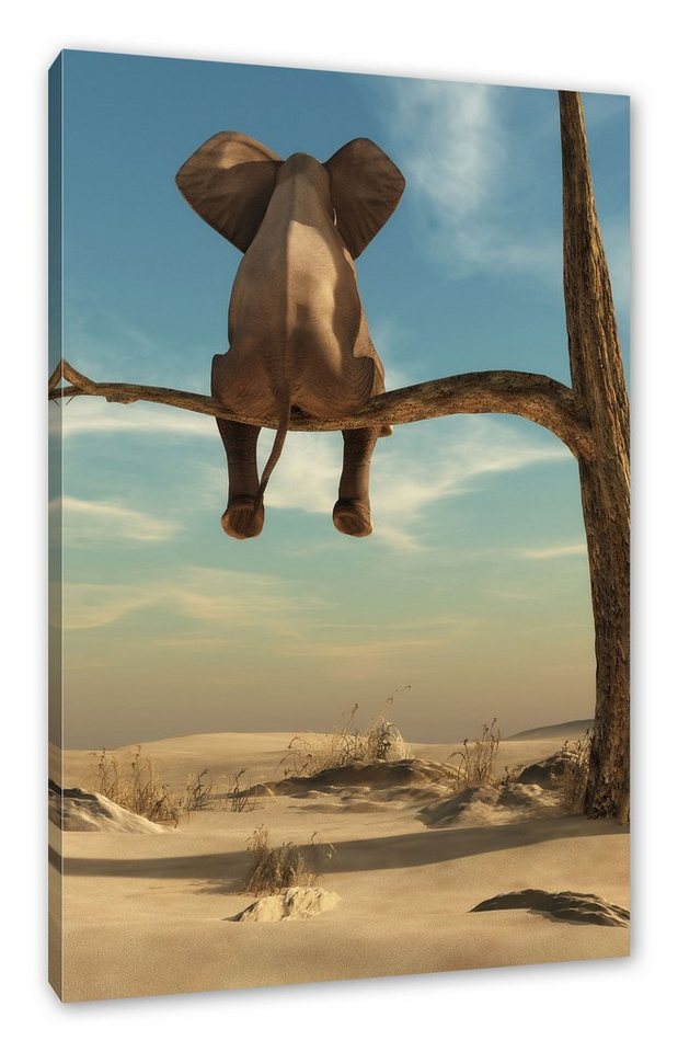 Pixxprint Leinwandbild Elefant auf einem Ast in der Wüste, Elefant auf einem Ast in der Wüste (1 St), Leinwandbild fertig bespannt, inkl. Zackenaufhänger von Pixxprint