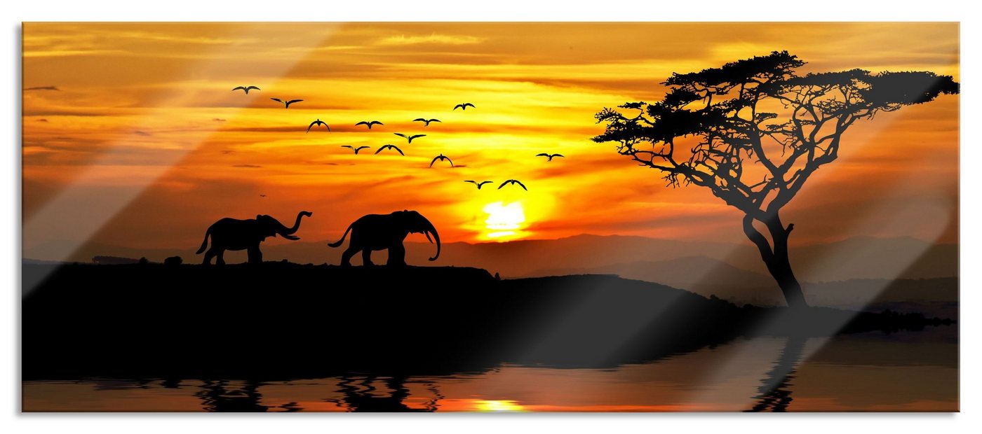 Pixxprint Glasbild Elefanten in Afrikanischer Steppe, Elefanten in Afrikanischer Steppe (1 St), Glasbild aus Echtglas, inkl. Aufhängungen und Abstandshalter von Pixxprint