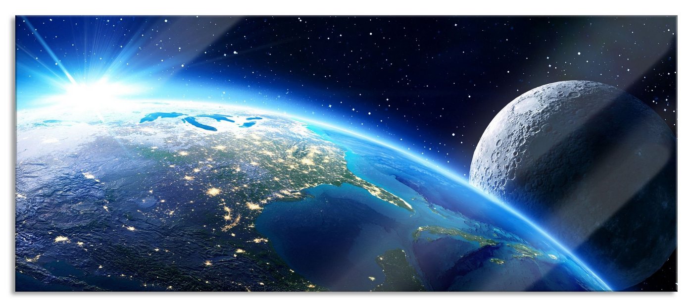 Pixxprint Glasbild Erde und ihr Mond aus dem All, Erde und ihr Mond aus dem All (1 St), Glasbild aus Echtglas, inkl. Aufhängungen und Abstandshalter von Pixxprint