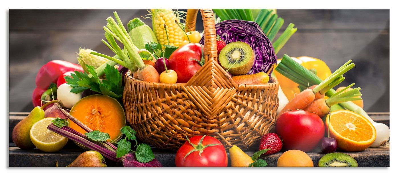 Pixxprint Glasbild Frisches Obst und Gemüse im Korb, Frisches Obst und Gemüse im Korb (1 St), Glasbild aus Echtglas, inkl. Aufhängungen und Abstandshalter von Pixxprint