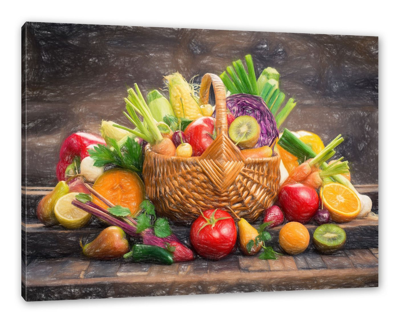 Pixxprint Leinwandbild Frisches Obst und Gemüse im Korb, Frisches Obst und Gemüse im Korb (1 St), Leinwandbild fertig bespannt, inkl. Zackenaufhänger von Pixxprint
