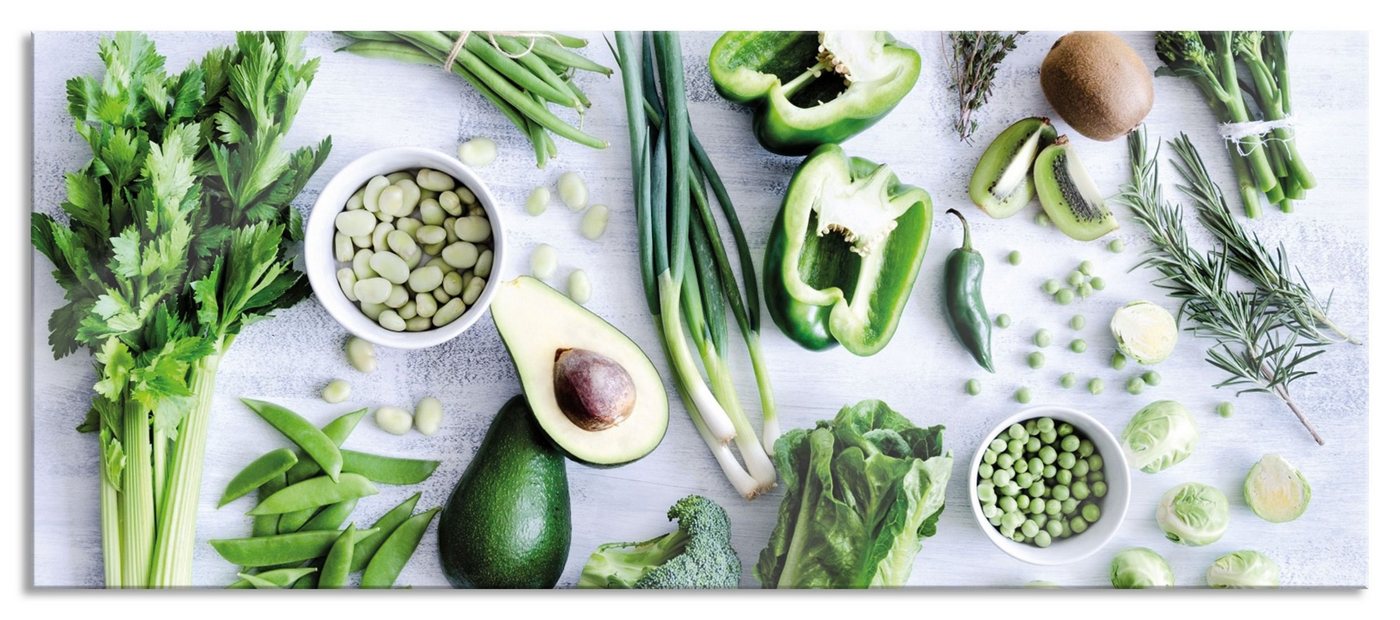 Pixxprint Glasbild Grüne Gemüse Obst Vielfalt, Grüne Gemüse Obst Vielfalt (1 St), Glasbild aus Echtglas, inkl. Aufhängungen und Abstandshalter von Pixxprint