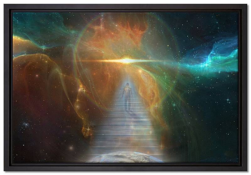 Pixxprint Leinwandbild Kosmische Treppe in die Galaxis, Wanddekoration (1 St), Leinwandbild fertig bespannt, in einem Schattenfugen-Bilderrahmen gefasst, inkl. Zackenaufhänger von Pixxprint