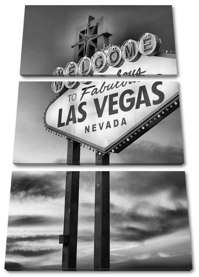 Pixxprint Leinwandbild Las Vegas Schild in der Dämmerung, Las Vegas Schild in der Dämmerung 3Teiler (120x80cm) (1 St), Leinwandbild fertig bespannt, inkl. Zackenaufhänger von Pixxprint