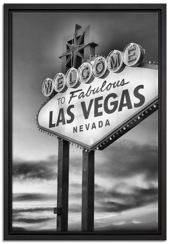 Pixxprint Leinwandbild Las Vegas Schild in der Dämmerung, Wanddekoration (1 St), Leinwandbild fertig bespannt, in einem Schattenfugen-Bilderrahmen gefasst, inkl. Zackenaufhänger von Pixxprint