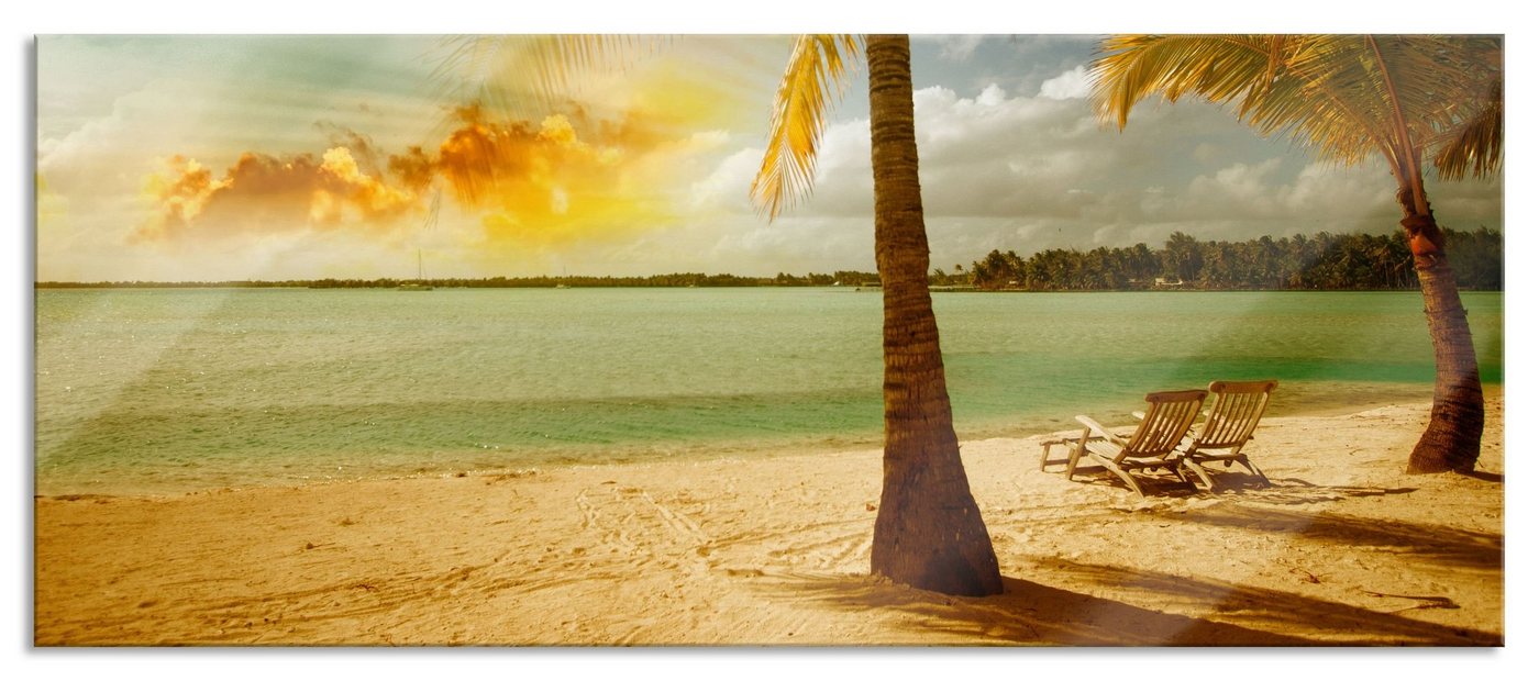Pixxprint Glasbild Liegestühle Strand Urlaub, Liegestühle Strand Urlaub (1 St), Glasbild aus Echtglas, inkl. Aufhängungen und Abstandshalter von Pixxprint
