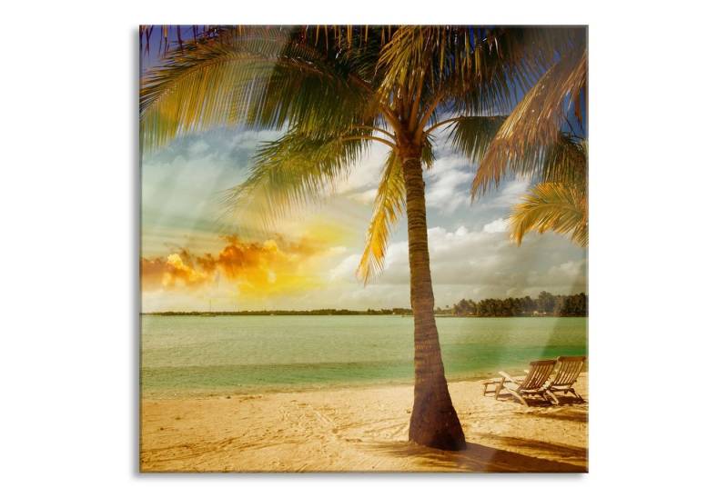 Pixxprint Glasbild Liegestühle Strand Urlaub, Liegestühle Strand Urlaub (1 St), Glasbild aus Echtglas, inkl. Aufhängungen und Abstandshalter von Pixxprint