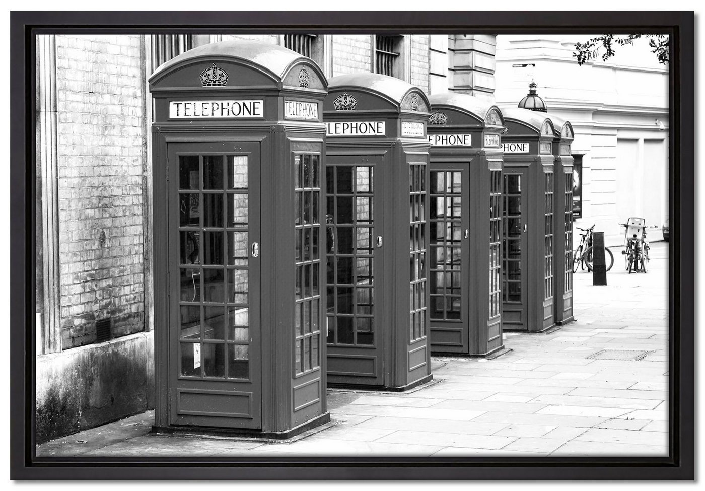 Pixxprint Leinwandbild Londoner Telefonzellen, Wanddekoration (1 St), Leinwandbild fertig bespannt, in einem Schattenfugen-Bilderrahmen gefasst, inkl. Zackenaufhänger von Pixxprint