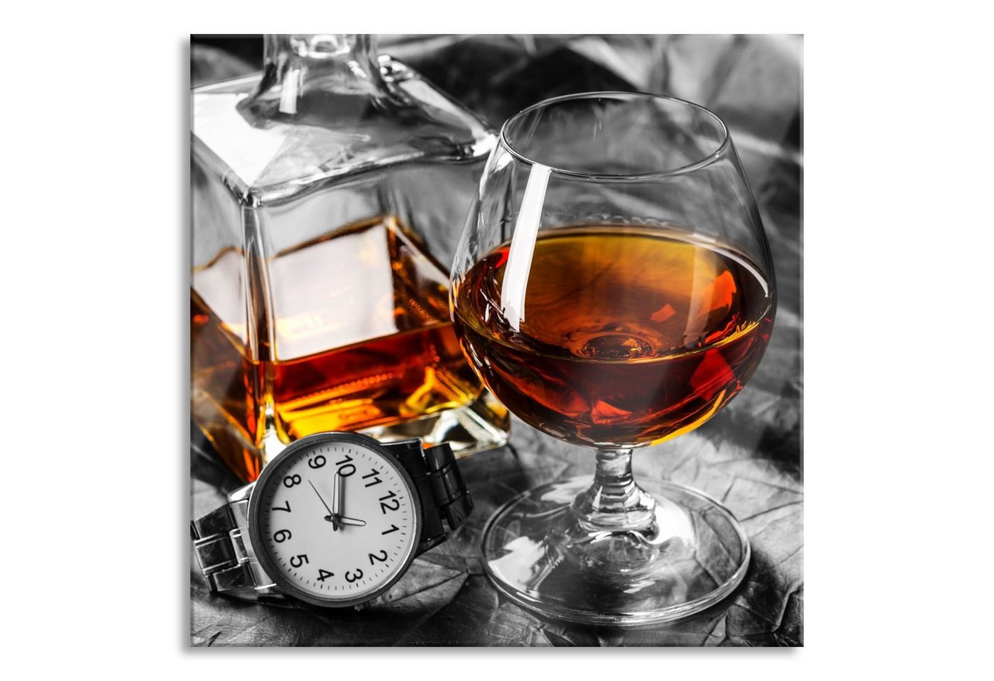 Pixxprint Glasbild Man Things mit Whiskey und Uhr, Man Things mit Whiskey und Uhr (1 St), Glasbild aus Echtglas, inkl. Aufhängungen und Abstandshalter von Pixxprint