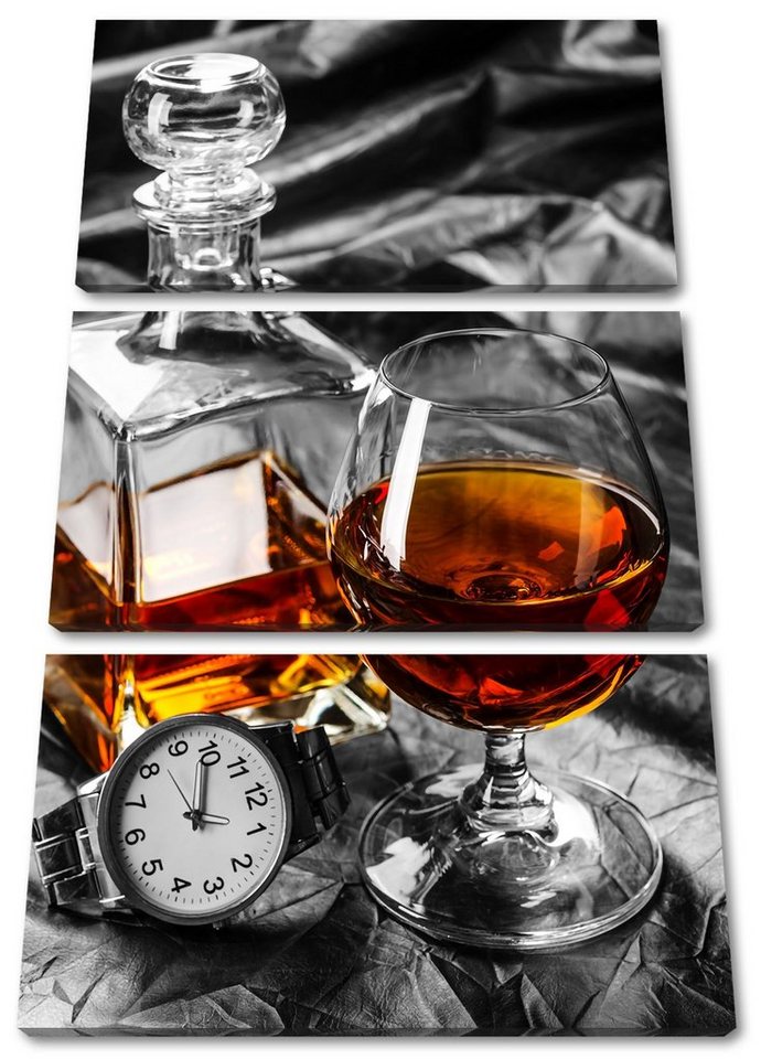 Pixxprint Leinwandbild Man Things mit Whiskey und Uhr, Man Things mit Whiskey und Uhr 3Teiler (120x80cm) (1 St), Leinwandbild fertig bespannt, inkl. Zackenaufhänger von Pixxprint