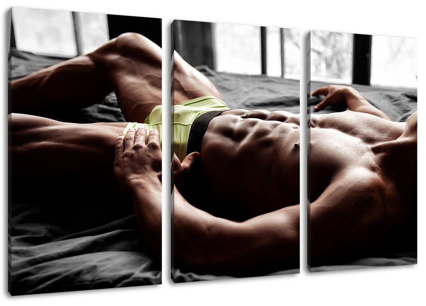 Pixxprint Leinwandbild Muskulöser Mann im Bett, Muskulöser Mann im Bett 3Teiler (120x80cm) (1 St), Leinwandbild fertig bespannt, inkl. Zackenaufhänger von Pixxprint