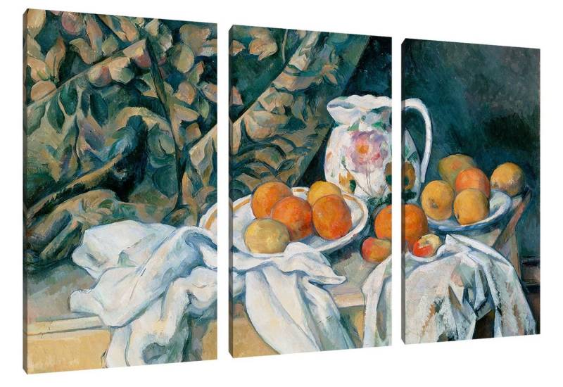 Pixxprint Leinwandbild Paul Cézanne - Stillleben mit Gardine, Paul Cézanne - Stillleben mit Gardine 3Teiler (120x80) (1 St), Leinwandbild fertig bespannt, inkl. Zackenaufhänger von Pixxprint