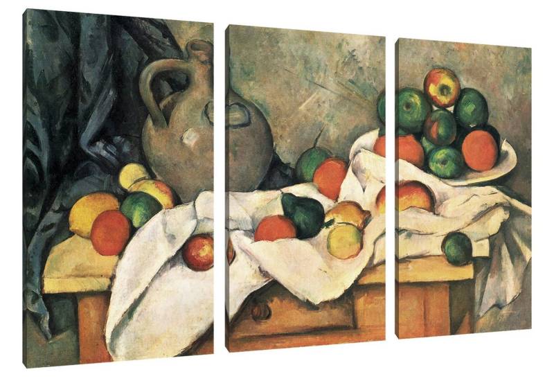 Pixxprint Leinwandbild Paul Cézanne - Stillleben mit Vorhang Krug und Obstsc, Paul Cézanne - Stillleben mit Vorhang Krug und Obstsc 3Teiler (120x80) (1 St), Leinwandbild fertig bespannt, inkl. Zackenaufhänger von Pixxprint