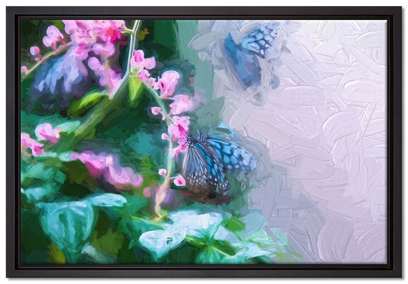 Pixxprint Leinwandbild Schmetterlinge auf Blumen, Wanddekoration (1 St), Leinwandbild fertig bespannt, in einem Schattenfugen-Bilderrahmen gefasst, inkl. Zackenaufhänger von Pixxprint