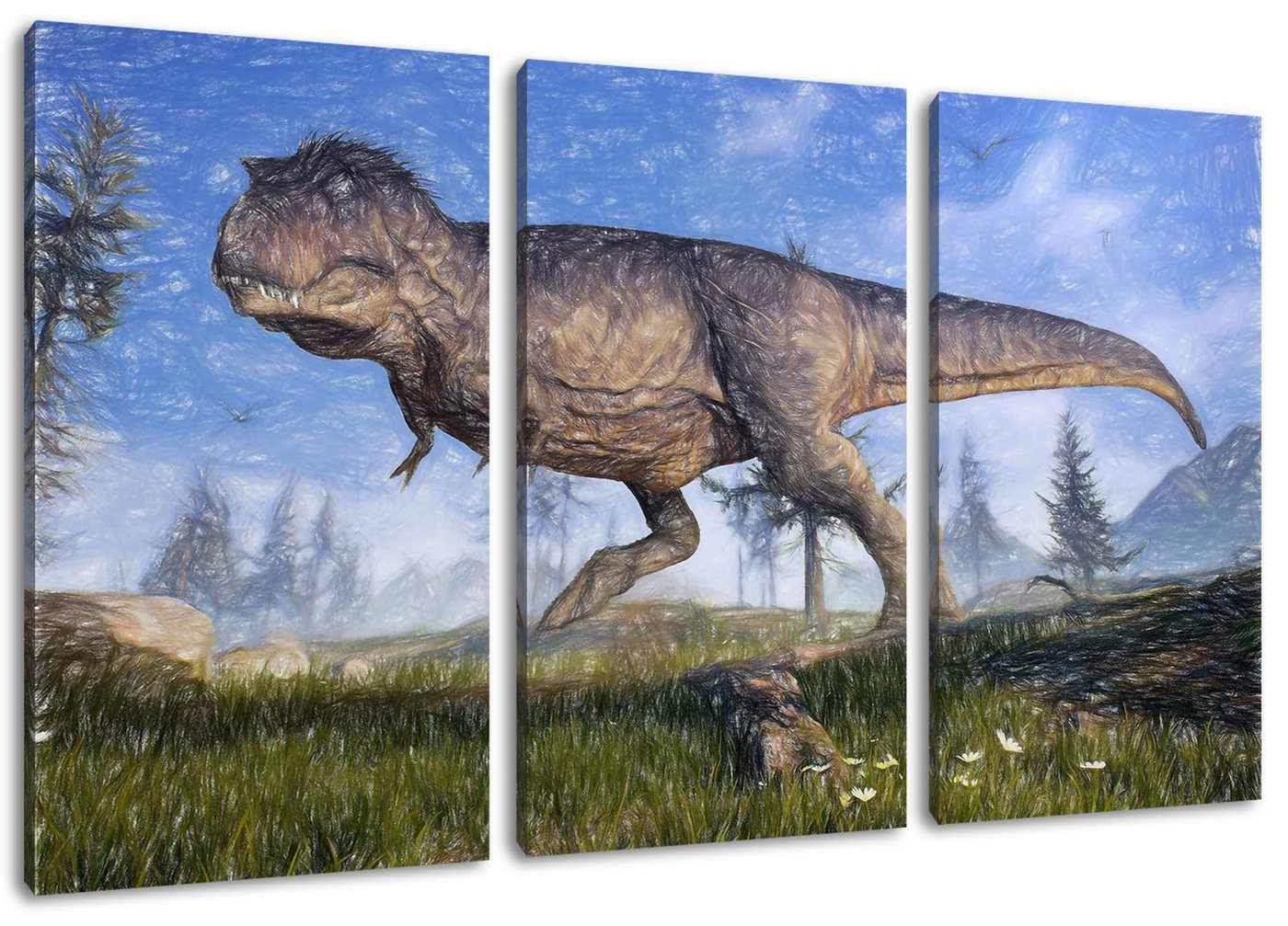 Pixxprint Leinwandbild T-Rex Dinosaurier in der Natur, T-Rex Dinosaurier in der Natur 3Teiler (120x80cm) (1 St), Leinwandbild fertig bespannt, inkl. Zackenaufhänger von Pixxprint