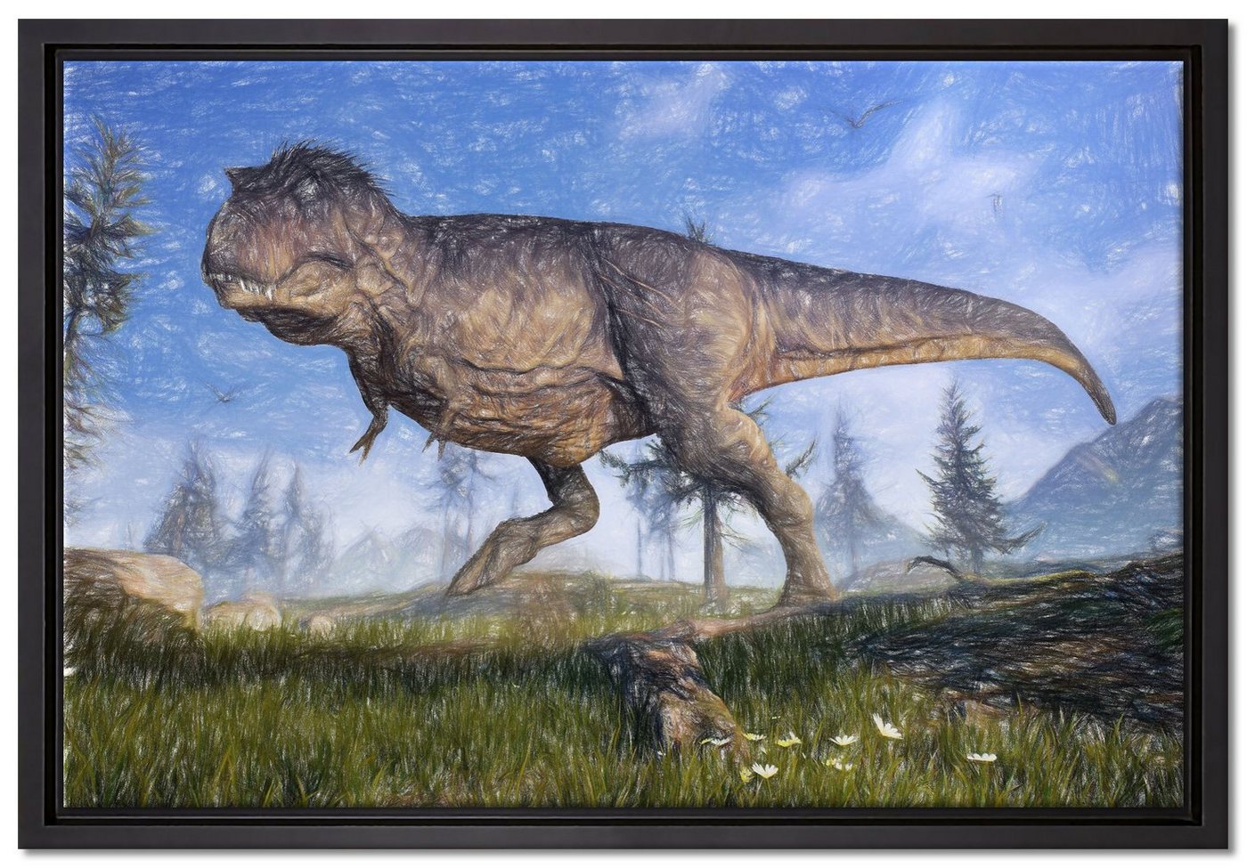 Pixxprint Leinwandbild T-Rex Dinosaurier in der Natur, Wanddekoration (1 St), Leinwandbild fertig bespannt, in einem Schattenfugen-Bilderrahmen gefasst, inkl. Zackenaufhänger von Pixxprint