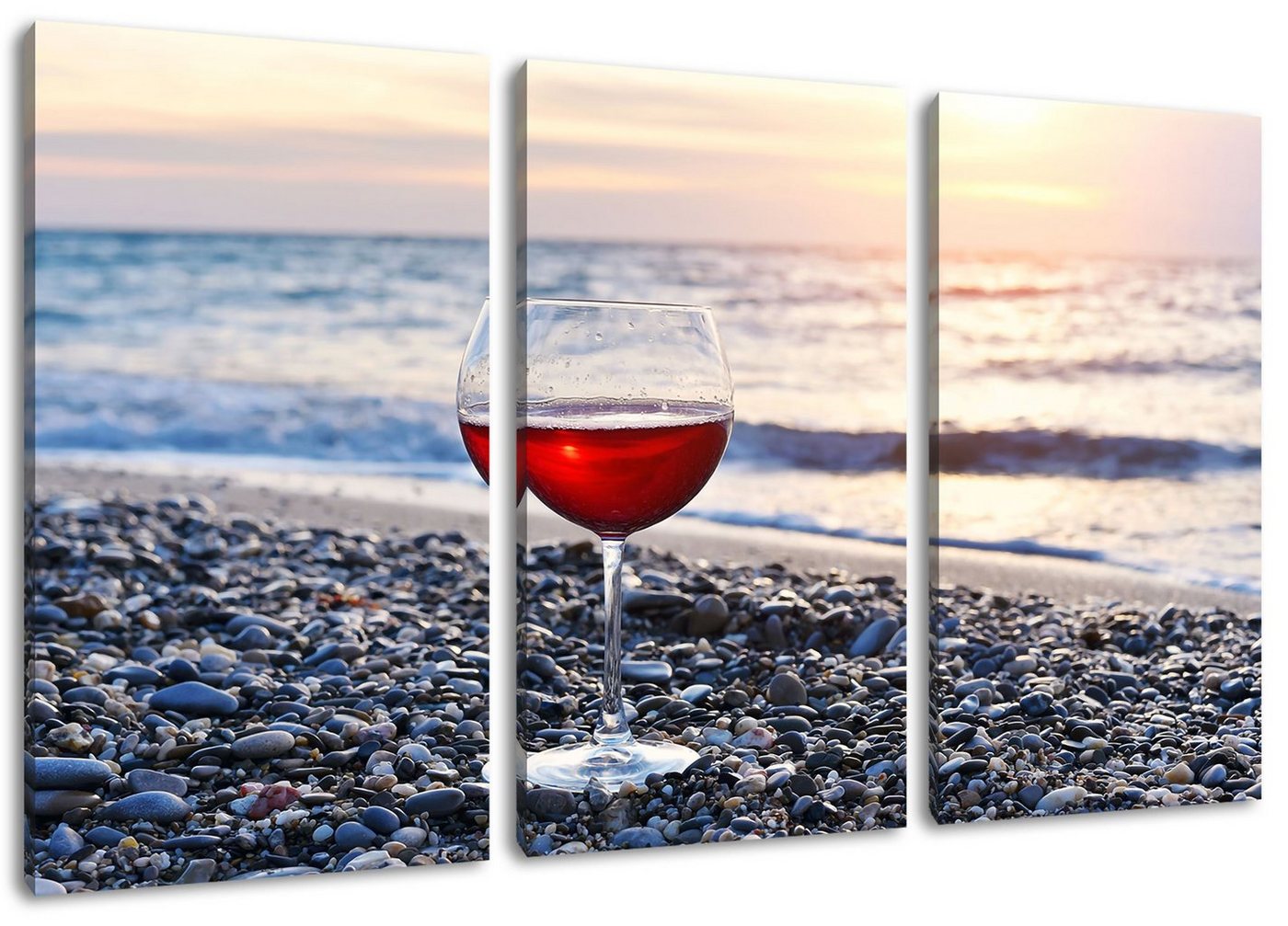 Pixxprint Leinwandbild Weinglas am Strand, Weinglas am Strand 3Teiler (120x80cm) (1 St), Leinwandbild fertig bespannt, inkl. Zackenaufhänger von Pixxprint