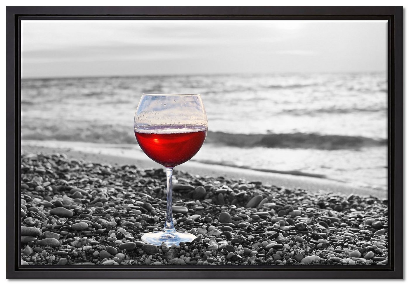 Pixxprint Leinwandbild Weinglas am Strand, Wanddekoration (1 St), Leinwandbild fertig bespannt, in einem Schattenfugen-Bilderrahmen gefasst, inkl. Zackenaufhänger von Pixxprint
