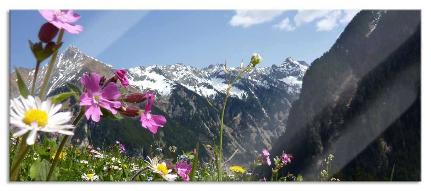 Pixxprint Glasbild Wunderschöne Blumen Alpenwiese, Wunderschöne Blumen Alpenwiese (1 St), Glasbild aus Echtglas, inkl. Aufhängungen und Abstandshalter von Pixxprint