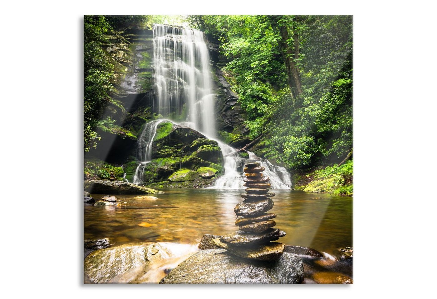 Pixxprint Glasbild Zen Steine vor Wasserfall, Zen Steine vor Wasserfall (1 St), Glasbild aus Echtglas, inkl. Aufhängungen und Abstandshalter von Pixxprint