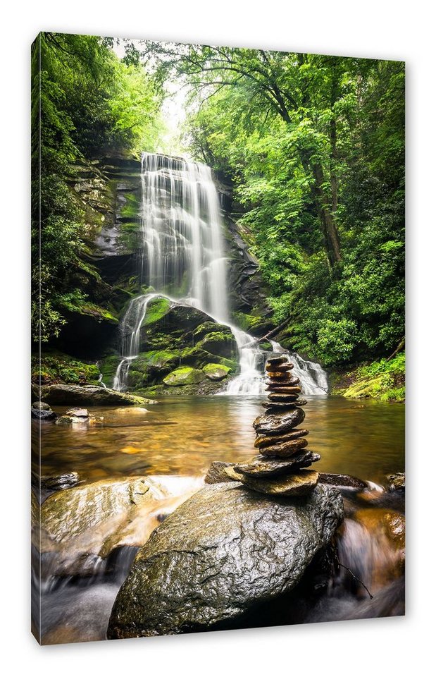 Pixxprint Leinwandbild Zen Steine vor Wasserfall, Zen Steine vor Wasserfall (1 St), Leinwandbild fertig bespannt, inkl. Zackenaufhänger von Pixxprint