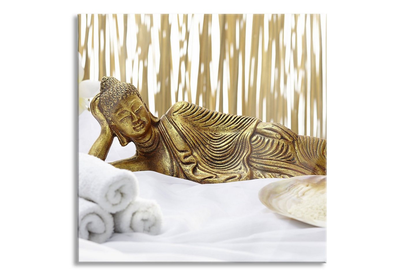 Pixxprint Glasbild goldener Buddha auf Handtuch, goldener Buddha auf Handtuch (1 St), Glasbild aus Echtglas, inkl. Aufhängungen und Abstandshalter von Pixxprint