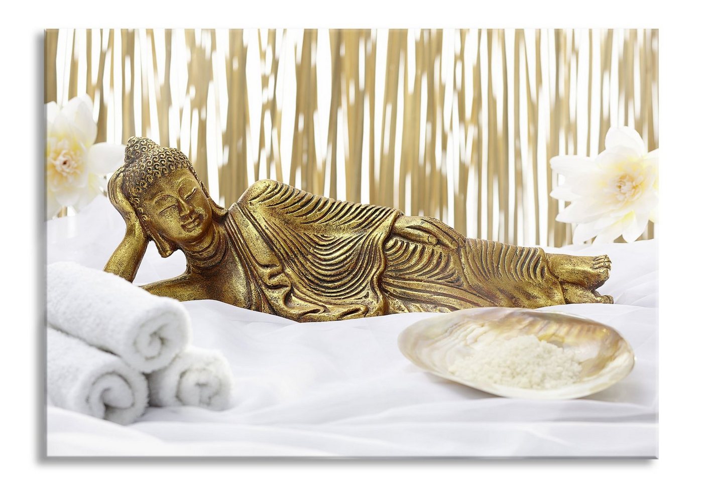 Pixxprint Glasbild goldener Buddha auf Handtuch, goldener Buddha auf Handtuch (1 St), Glasbild aus Echtglas, inkl. Aufhängungen und Abstandshalter von Pixxprint