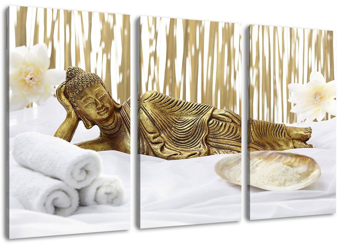 Pixxprint Leinwandbild goldener Buddha auf Handtuch, goldener Buddha auf Handtuch 3Teiler (120x80cm) (1 St), Leinwandbild fertig bespannt, inkl. Zackenaufhänger von Pixxprint