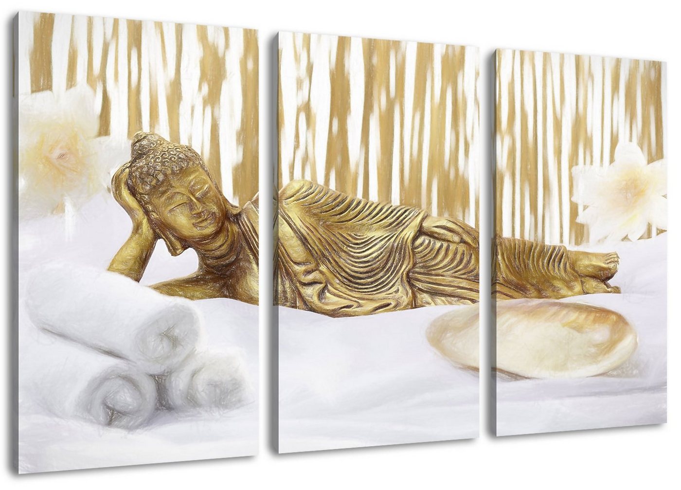 Pixxprint Leinwandbild goldener Buddha auf Handtuch, goldener Buddha auf Handtuch 3Teiler (120x80cm) (1 St), Leinwandbild fertig bespannt, inkl. Zackenaufhänger von Pixxprint