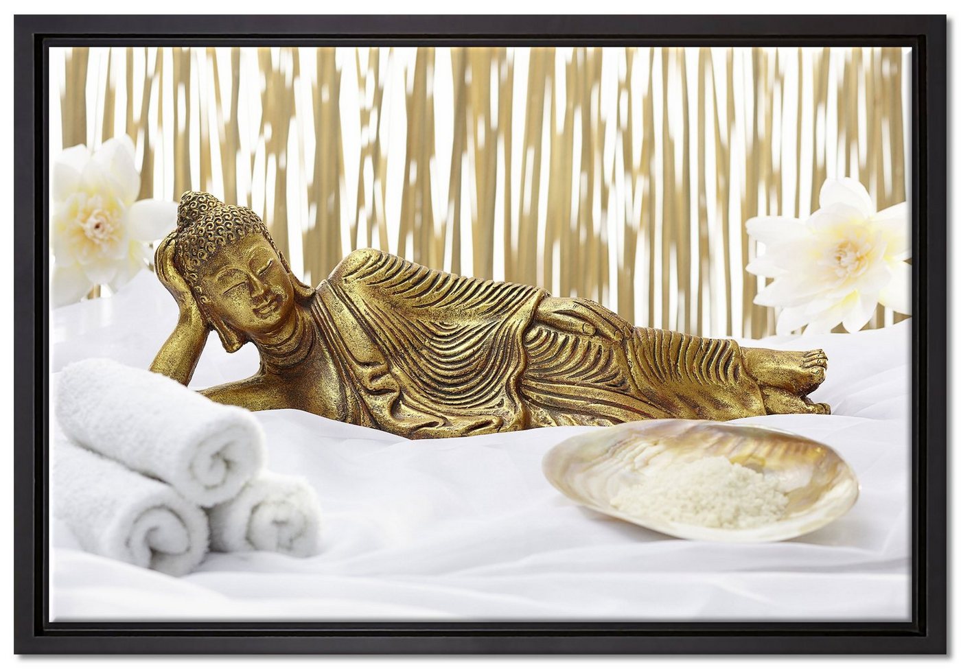 Pixxprint Leinwandbild goldener Buddha auf Handtuch, Wanddekoration (1 St), Leinwandbild fertig bespannt, in einem Schattenfugen-Bilderrahmen gefasst, inkl. Zackenaufhänger von Pixxprint