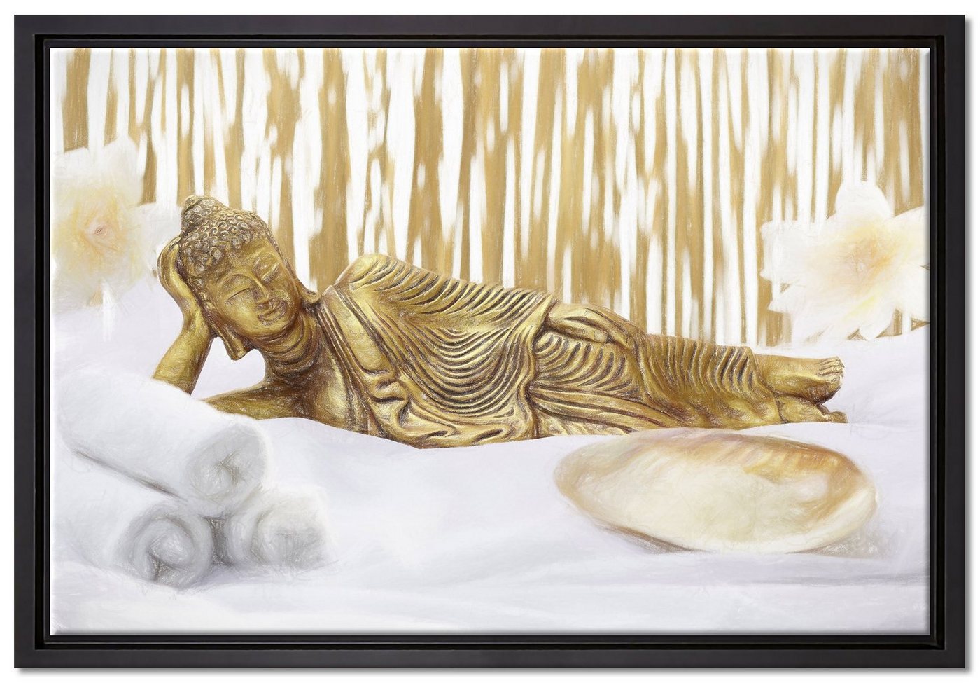 Pixxprint Leinwandbild goldener Buddha auf Handtuch, Wanddekoration (1 St), Leinwandbild fertig bespannt, in einem Schattenfugen-Bilderrahmen gefasst, inkl. Zackenaufhänger von Pixxprint