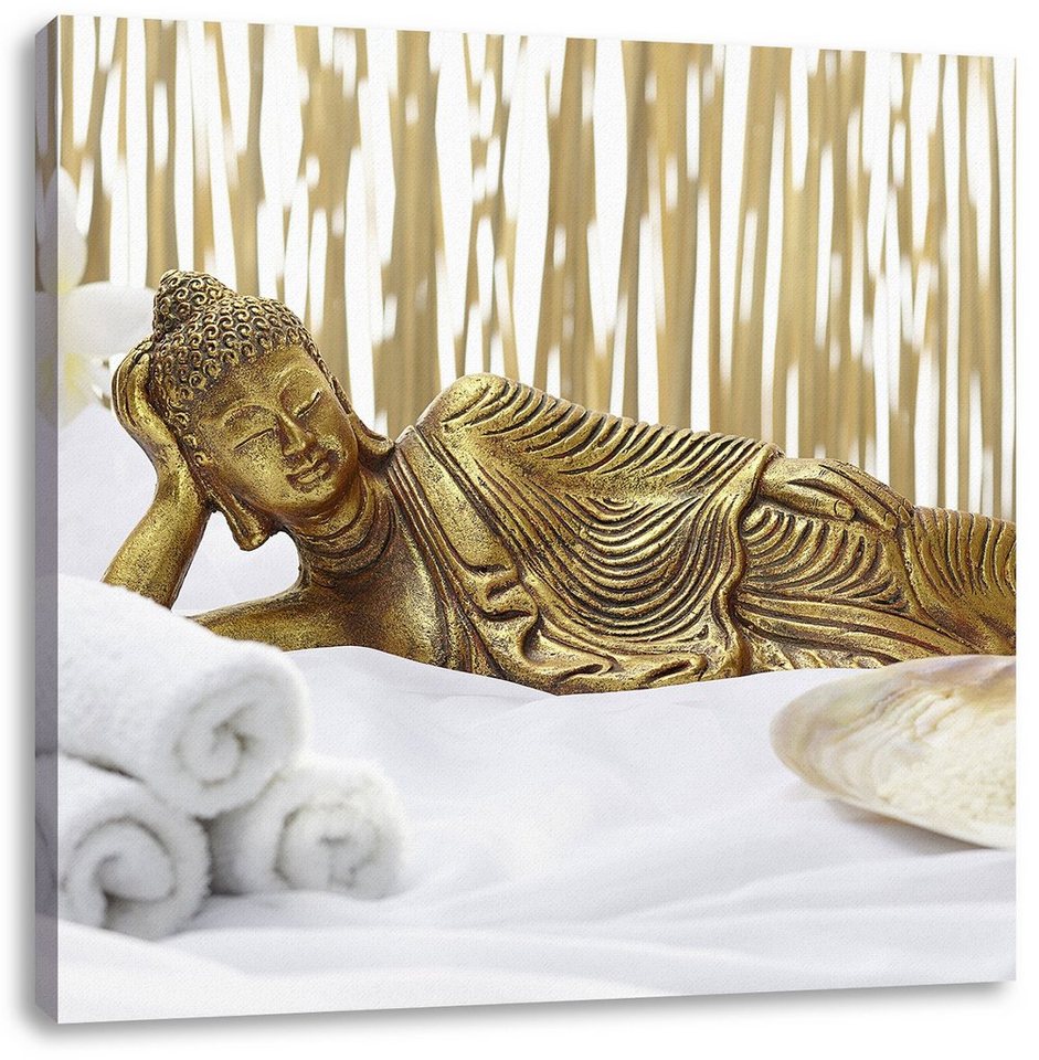 Pixxprint Leinwandbild goldener Buddha auf Handtuch, goldener Buddha auf Handtuch (1 St), Leinwandbild fertig bespannt, inkl. Zackenaufhänger von Pixxprint