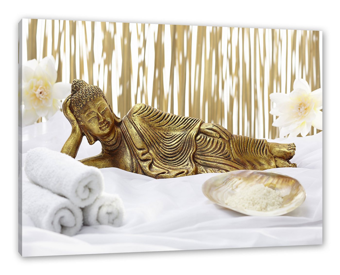 Pixxprint Leinwandbild goldener Buddha auf Handtuch, goldener Buddha auf Handtuch (1 St), Leinwandbild fertig bespannt, inkl. Zackenaufhänger von Pixxprint