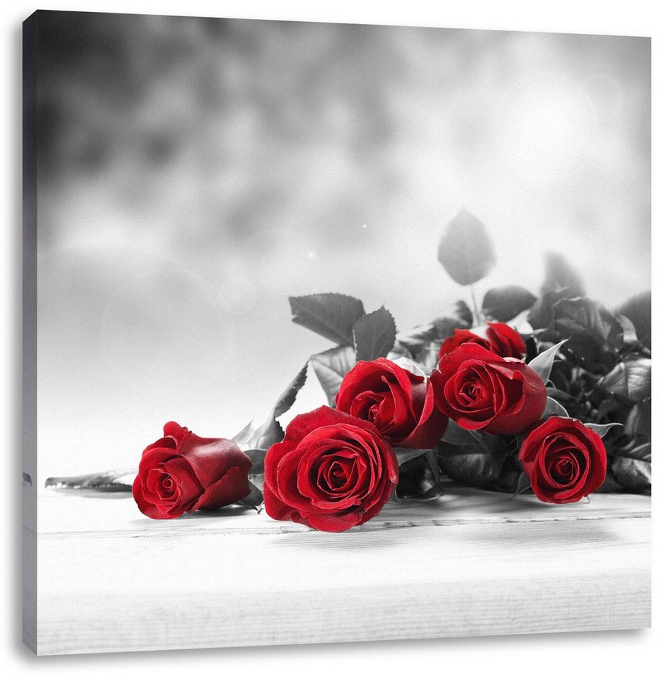 Pixxprint Leinwandbild schöner Rosenstrauß auf Tisch, schöner Rosenstrauß auf Tisch (1 St), Leinwandbild fertig bespannt, inkl. Zackenaufhänger von Pixxprint