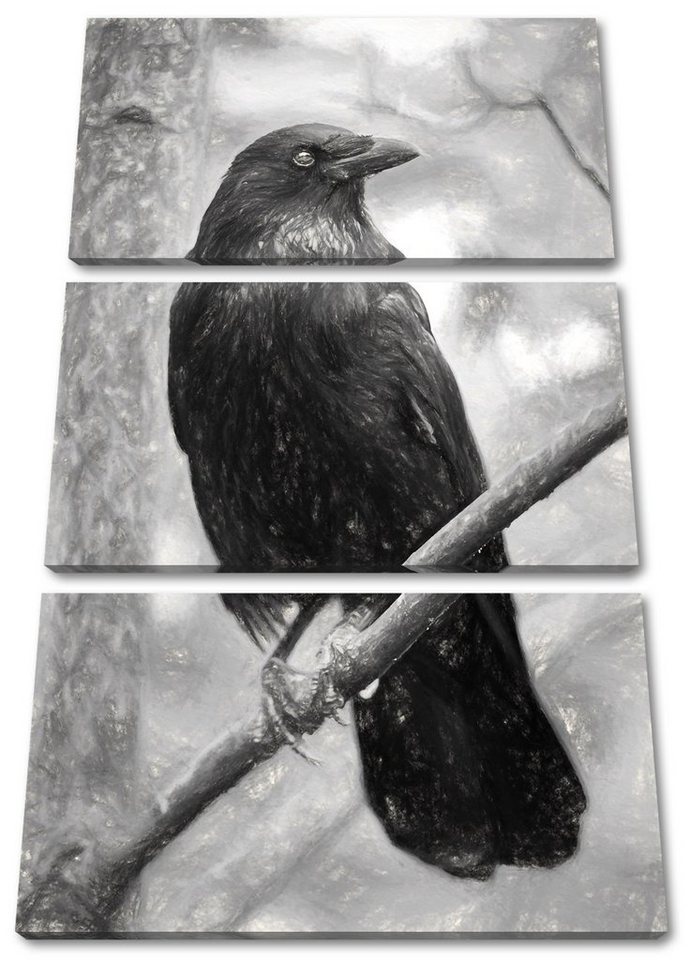 Pixxprint Leinwandbild schwarzer Rabe auf Ast, schwarzer Rabe auf Ast 3Teiler (120x80cm) (1 St), Leinwandbild fertig bespannt, inkl. Zackenaufhänger von Pixxprint