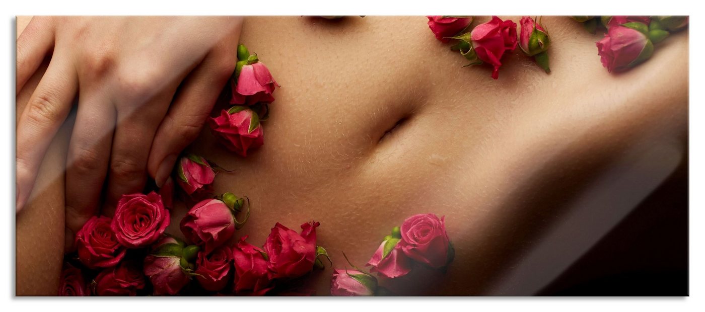 Pixxprint Glasbild weiblicher Körper mit Rosen Blumen, weiblicher Körper mit Rosen Blumen (1 St), Glasbild aus Echtglas, inkl. Aufhängungen und Abstandshalter von Pixxprint