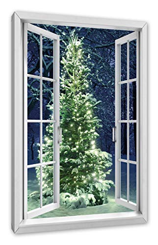 Pixxprint Leuchtender Weihnachtsbaum, Fenster Leinwandbild | Größe: 120x80 cm | Wandbild | Kunstdruck von Pixxprint