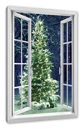 Pixxprint Leuchtender Weihnachtsbaum, Fenster Leinwandbild | Größe: 60x40 cm | Wandbild | Kunstdruck von Pixxprint