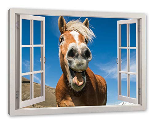 Pixxprint Lustiges Pferd in der Natur, Fenster Leinwandbild | Größe: 60x40 cm | Wandbild | Kunstdruck von Pixxprint