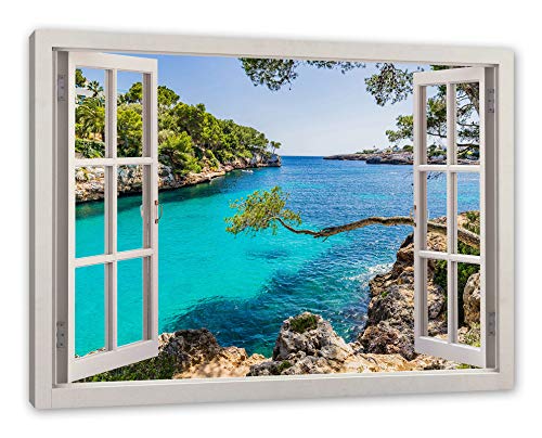 Pixxprint Mallorca Bay Cove, Fenster Leinwandbild | Größe: 80x60 cm | Wandbild | Kunstdruck von Pixxprint