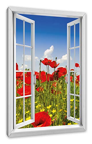 Pixxprint Mohnwiese, Fenster Leinwandbild | Größe: 80x60 cm | Wandbild | Kunstdruck von Pixxprint