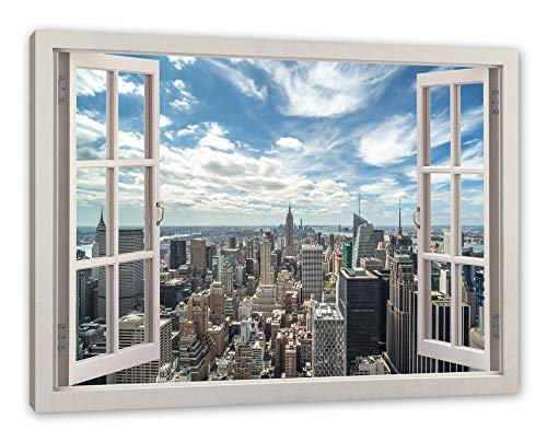 Pixxprint New York Skyline, Fenster Leinwandbild | Größe: 80x60 cm | Wandbild | Kunstdruck von Pixxprint