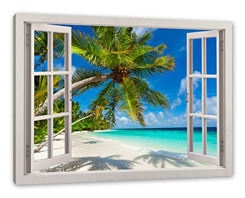 Pixxprint Palmenstrand, Fenster Leinwandbild | Größe: 80x60 cm | Wandbild | Kunstdruck von Pixxprint
