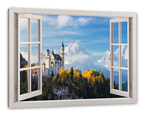 Pixxprint Schloss Neuschwanstein Herbst, Fenster Leinwandbild | Größe: 80x60 cm | Wandbild | Kunstdruck von Pixxprint