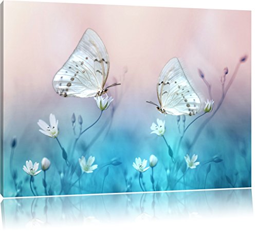Pixxprint Schmetterling auf kleinen Blumen, Größe: 80x60cm, Leinwandbild, fertig gespannt, Wandbild, Dekoration, Kunstdruck, kein Poster von Pixxprint
